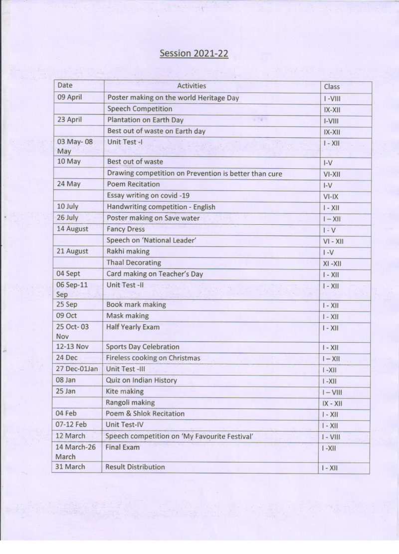 Annual Academic Calendar G N D Public School